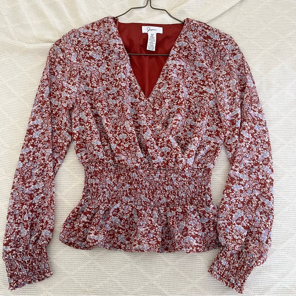 pink red Floral Top size M peplum v neck bohemian festival Cottagecore festival